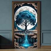baratos Banners de Garagem e Porta-Árvore da vida, lua cheia gigante, raízes brilhantes, paisagem noturna mística, banner de porta, tapeçaria de parede, decoração para casa, decoração de porta de entrada, decoração de hall de entrada,