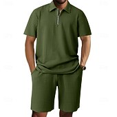 billige Basic Tees-sett for menn-Herre Polo T-skjorte drakter Joggedress Shorts og T-skjorte sett Kortermet Kort Erme Aftæpning Sommer Fargeblokk Gymnastik Fritid Jacquard Glidelås 2 deler Avslappet Feriereise Dagligdagstøy Svart