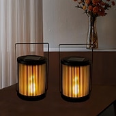 abordables Luces de camino y linternas-2 linternas solares de hierro para exteriores con forma de llama, resistentes al agua IP65, portátiles. &amp;Lámparas LED colgantes para jardín, patio, valla, escalera, escalones, césped, camino, villa,