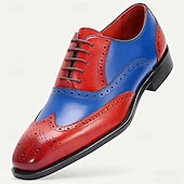 voordelige Klassieke Dress Schoenen-Geklede herenschoenen met vleugelneus van echt leer – premium rundleer, tweekleurig rood en blauw, elegante oxfordstijl, comfortabele formele schoenen voor heren, perfect voor bruiloften, feesten en kantoor.