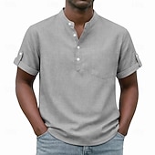 cheap Men's Popover Shirts-Men's Shirt Popover Shirt Casual Shirt Button Up Shirt Light Pink Black Yellow Light Green Pink Short Sleeve Plain Grandad Collar Casual Daily Clothing Apparel Elegant Fashion Casual