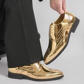 levne Brogue boty-Pánské zlaté metalické oxfordky, šněrovací boty, formální boty, lesklé brogue boty pro obchodní příležitosti na svatby, bankety, večírky, divadelní vystoupení, plesy a luxusní večerní nošení