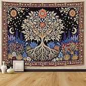 ieftine Tapiserie Pereți-Tapiserie de perete boemă cu arborele vieții, artă populară, mandala, soare, lună, stele, grădină, model etnic floral, suspendată pentru sufragerie, dormitor, decor de cămin, fundal de artă de perete