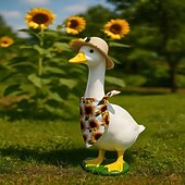 abordables Disfraces de Ganso de Porche-Traje de girasol de verano para ganso de porche grande, conjunto de sombrero de paja y pañuelo, linda ropa de ganso de césped para decoración de jardín al aire libre, estatua de ganso no incluida
