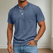 cheap Casual Henley Tee-Men's Henley Shirt 100% Cotton Acid Wash Shirt Short Sleeve Henley Summer Spring Fall Plain Retro Vintage Casual Vintage Style Washed Casual Light Blue Dark Brown Black Top Tee for Men