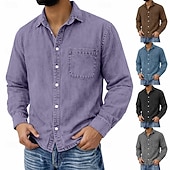 cheap Men's Button Up Shirts-Men's Shirt Casual Shirt Vintage Shirt Button Up Shirt 100% Cotton Acid Wash Shirt Blue Black Light Green Wine Navy Blue Long Sleeve Plain Lapel Streetwear Going out Pocket Clothing Apparel Cotton