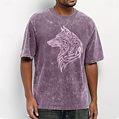  Herren-T-Shirt mit keltischem Knotenmuster, Wolfskopf-Silhouette und Acid-Wash-Vintage-Streetwear-Look, Kurzarm, lässig, für den Alltag, Designer-Kleidung, Größen S, M, L, XL, XXL, XXXL