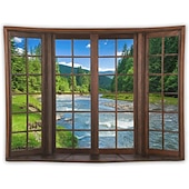 economico arazzo paesaggistico-Arazzo da parete con finta finestra, vista panoramica sul fiume e sulle montagne, paesaggio naturale, perfetto per l'arredamento della casa e per il relax.