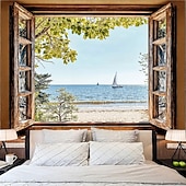 cheap Wall Tapestries-3D Zen Garden Window View Wall Tapestry Cherry Blossoms Sakura Pond Rocks Shoji Screen Tea Set Home Decor Living Room Bedroom Backdrop Office Mural Art