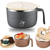 billige Kjøkkenoppbevaring-304 rustfritt stål nudelskål med lokk og håndtak, 1200 ml ramenskål med stor kapasitet, dobbeltvegget skåldingssikker suppeskål, bærbar matbeholder for studenthjem, kontor, hjemmebruk