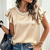 baratos Blusas Simples-Mulheres Camisa Social Blusa de cetim Saia Blusa Franzido Botões Côr Sólida Elegante Vintage Moda Manga Curta Gola Redonda Tops regulares Diário Streetwear Trabalho Preto Branco Champanhe Verão