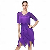 cheap Practice Dresses-Women's Red Mesh Rhinestone Fringe Dance Dress