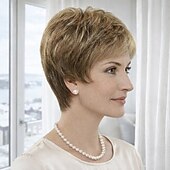 baratos peruca mais velha-Peruca curta e elegante para mulheres - corte pixie loiro suave com camadas delicadas