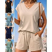 abordables Chándales-Mujer Conjuntos de chándal tipo jersey Chándal de 2 piezas Pantalones cortos deportivos Correa con bolsillo Color sólido Conjunto de ropa deportiva Verano Primavera Caqui Negro Entrenamiento de