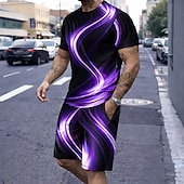 billige T-skjorter med trykk for menn-Herre Geometrisk Linje 2stk T-skjorter sett Sommertopper Kortermet Korte bukser Crew-hals Sport Fritid trendy Daglig Feriereise Ut på byen 3D-utskrift Sommer Blå Hvit Lilla
