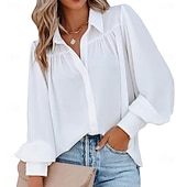 baratos Blusas Simples-Mulheres Camisa Social Camisa casual camisa de botão Blusa Franzido Botões Côr Sólida Tecido Elegante Férias Moda Manga Longa Manga lanterna Aberto para a Lateral Tops regulares Diário Praia Feriado