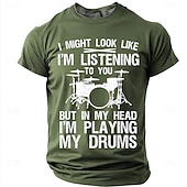 cheap Music &amp; Instrument Graphic T shirts-Men's "In My Head I'm Playing My Drums" Funny Drummer Graphic T-Shirt Percussionist Joke Quote Tee Musician Gift Band Practice Gear Distressed Style Casual Short Sleeve Apparel S-3XL