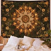 baratos Tapeçarias de Parede-Tapeçaria de parede mandala boêmia em tons de laranja queimado, com intrincado medalhão floral, arte étnica tribal boho para decoração de casa, sala de estar, quarto ou escritório.