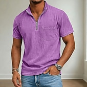 Недорогие Повседневная футболка Хенли-Муж. Футболка Рубашка из 100% хлопка с кислотной стиркой С короткими рукавами Четверть молния Лето Весна Осень Полотняное плетение Ретро На каждый день Старинный Окрашенная одежда Промытый