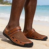 levne Pohodlné sandály-Pánské hnědé perforované nazouvací sandály – prodyšné, pohodlné, lehké, ideální na léto, běžné nošení i do přírody
