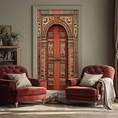 olcso Garázs- és ajtózászlók-ősi arab piros fa ajtó díszes mór boltív bonyolult virágfaragás 3D realisztikus szövet ajtó banner borító otthoni belső szoba dekoráció bejárat party háttér