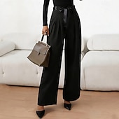 preiswerte Gerade geschnittene Hose-Damen Hose Anzughose Elegant Vintage Mode Volle Länge Hohe Taille Einfarbig Einfach Kordelzug Tasche Gerader Schnitt Komfort Warm Weich Mikroelastisch Streetwear Büro Arbeit Grau Schwarz Sommer