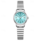 abordables Montres à quartz-Montre femme facile à lire, à quartz, avec bracelet extensible en acier inoxydable, cadran bleu turquoise avec affichage de la date, étanche, élégante et décontractée, idéale comme cadeau pour femme