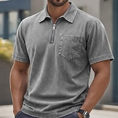 abordables Polo classique pour homme-Homme Polo Chemise 100% coton délavée à l'acide Occasionnel Tenue quotidienne Zip quart Manche Courte ancien Basique Uni Avec Poches Affligé Été Coupe régulière Vert Armée Noir Rose Claire bleu