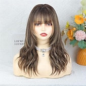 Недорогие Исторические парики-Парик омбре с челкой для женщин, коричневый, смешанный с карамельно-блондинистыми прядями, кудрявые и волнистые парики, многослойная прическа, синтетические парики для повседневной носки и вечеринок,