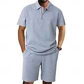 billige Basic Tees-sett for menn-Herre Polo T-skjorte drakter Joggedress Shorts og T-skjorte sett Kortermet Kort Erme Aftæpning Sommer Fargeblokk Gymnastik Fritid Jacquard Glidelås 2 deler Avslappet Feriereise Dagligdagstøy Svart