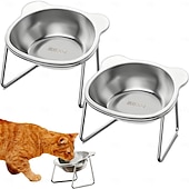 billiga Hemutrustning-Upphöjda kattskålar i rostfritt stål med metallställ, halkfri bas, 15 grader lutande, upphöjda husdjursskålar, dubbelskålsdesign, mat- och vattenskål för katter, kattunge, liten hund