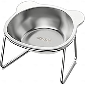 billiga Hemutrustning-Upphöjda kattskålar i rostfritt stål med metallställ, halkfri bas, 15 grader lutande, upphöjda husdjursskålar, dubbelskålsdesign, mat- och vattenskål för katter, kattunge, liten hund
