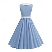 abordables Robes-1950s Retro Vintage Knee Length Dress Swing Dress Flare Dress Normal Sleeveless High Waist Solid Color Fit &amp; Flare Swing Turndown Fancy Dress Women's Event / Party Daily Wear Adults' Dress Belt