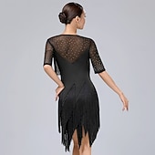 cheap Practice Dresses-Women's Red Mesh Rhinestone Fringe Dance Dress