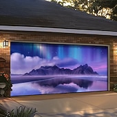 cheap Garage &amp; Door Banners-Northern Lights Aurora Borealis Winter Mountain Snowy Pine Forest Starry Night Sky Frozen River Garage Door Banner Outdoor Wall Decor Holiday Mural Christmas Decoration Backdrop