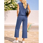 abordables Survêtements-Femmes Ensembles de survêtements à enfiler Survêtement 2 pièces Tenues de détente Cordon de serrage avec poche Couleur Unie Ensemble de vêtements de sport Été Printemps Bleu marine Noir Entraînement