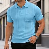 baratos Polo Clássico Masculino-Homens Top de malha canelada Textura Casual Trabalho Lapela gola pólo com nervuras Manga Curta Básico Moderno Côr Sólida Tecido Botões Tricotado Primavera Verão Verão Primavera Normal Azul Marron