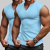 billige Treningsskjorter uten armer-Herre Vaffel Tank Top Singleter Vest Underskjorte Ermeløs V-hals Sommer عادي Mote Sportslig Klassisk 2 deler Grunnleggende Multipakke Avslappet Treningssenter Gate Hvit + Hvit Topp T-skjorte for menn