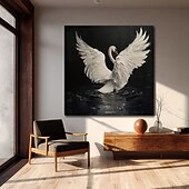cheap Animal Paintings-Handmade Oil Painting Canvas Wall Art Decoration Modern Retro Animals White Swan for Home Decor Rolled Frameless Unstretched Painting/Stretched Frame Hanging Painting