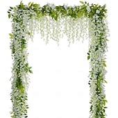 baratos Flor artificial-Guirlanda de flores artificiais de glicínia, 4 peças no total, 8,8 metros de comprimento, flor de seda artificial de glicínia para pendurar em casa, jardim, cerimônia ao ar livre, arco floral de casamento.