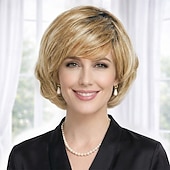 baratos peruca mais velha-Peruca bob curta e elegante para mulheres - loiro prateado com camadas suaves