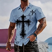 preiswerte Vintage Hemd-Herren Kreuz Religion Hemd Freizeithemd Knopfhemd Langarm Vintage-Retro Streetwear Urlaub Sommer Frühling Umlegekragen 3D-Druck Hemden mit Kragen Blau Weiß Purpur Khaki