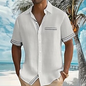 preiswerte Geometrische Muster-Herren Geometrisch Karo / Karomuster Hemd Sommerhemd Knopfhemd Kurzarm Modisch lässig Täglich Strandurlaub Sommer Umlegekragen 3D-Druck Eine Tasche vorne Leinenähnliches Hemd Blau Blaugrün Weiß Grau