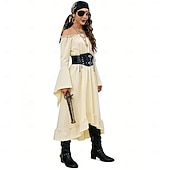 cheap Outfits-Set Medieval Renaissance Dress Headpiece Necklace with Accessories Long Sleeves Pirate Fancy Dress Women's Pirate Halloween Carnival Masquerade Renaissance Fair Retro Theme Party Adults' Dress More