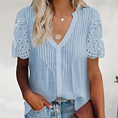 Χαμηλού Κόστους Απλές μπλούζες-Γυναικείο T-shirt 100% βαμβακερό Μπλουζάκι Casual Κουμπωτό Μπλουζάκι Μπλούζα Ραφές Patchwork Eyelet Solid Χρώμα Διακοπών Μόδας Καθημερινά Κοντομάνικα V Λαιμόκοψη Πόλο Κανονικά Μπλούζες Καθημερινές