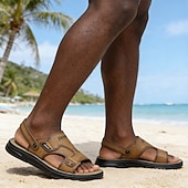 ieftine Sandale casual-Sandale de vară pentru bărbați, maro deschis, cu barete reglabile – piele moale, ușoare, casual, perfecte pentru plajă, activități în aer liber și utilizare zilnică