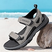 billige Uformelle sandaler-Beige herresandaler med åpen tå og borrelås – polstret såle, pustende design, perfekt for strand, feriested og fritidsbruk om sommeren.