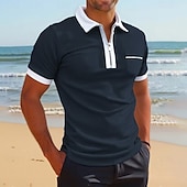 billiga Herrars klassiska polo-Herr Polo Pikétröjor Dagligen Utomhus Tröjkrage Fjärdedels blixtlås Kortärmad Mode Bekväm Slät Lappverk Dragkedja Sommar Skräddarsydd passform Vin Fördjupad grön Svart Vit Gul Marinblå Polo