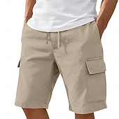 cheap Classic-Men's Cargo Shorts Linen Shorts Summer Shorts Beach Shorts Drawstring Elastic Waist Basic Plain Knee Length Outdoor Beach Vacation Hawaiian Blue Black Inelastic