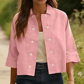 baratos Camisas-Mulheres Camisa Social Camisas com toque de linho Camisa casual camisa de botão Botões Côr Sólida Férias Vintage Moda Meia Manga Aberto para a Lateral Tops regulares Diário Feriado Roupa de Praia